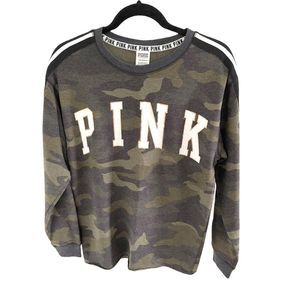 PINK Victoria's Secret Crew Foil Trim Logo Sweatshirt Camo Camouflage Size XS